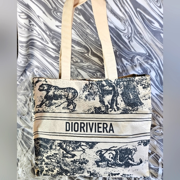 CHRISTIAN DIOR Canvas Tote DIORIVIERA Navy on Cream Canvas - Picture 5 of 13